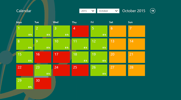 Design for Windows 8 application - Calendar Dark Green Template