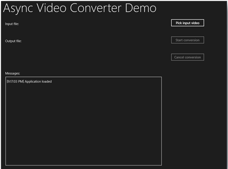 Sample video converter Windows Store App user interface after start-up